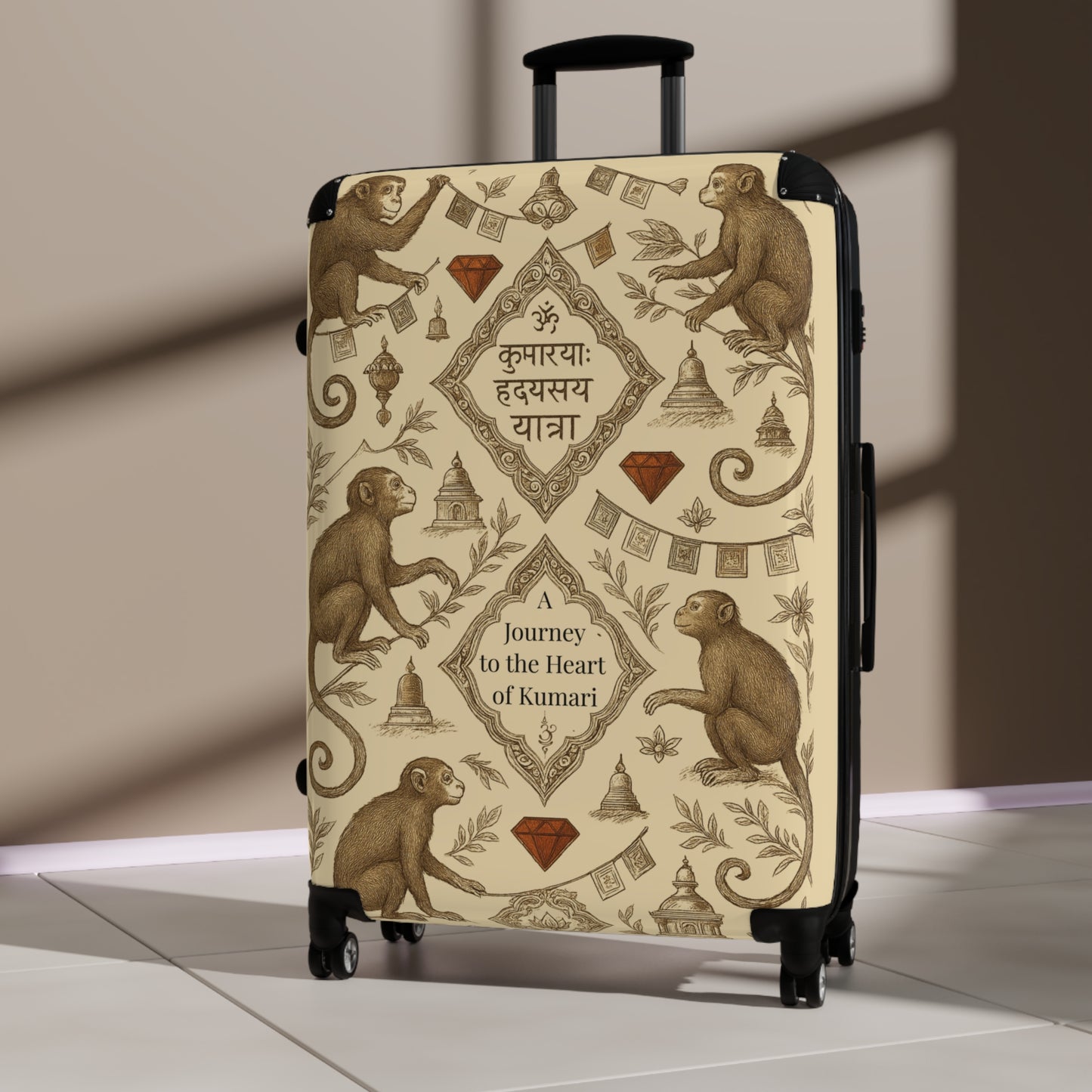 Decorative Travel Suitcase, Personalized Luggage for Adventure Lovers, Unique Gift for Travelers, Monkey Design, Heart of Kumari Journey
