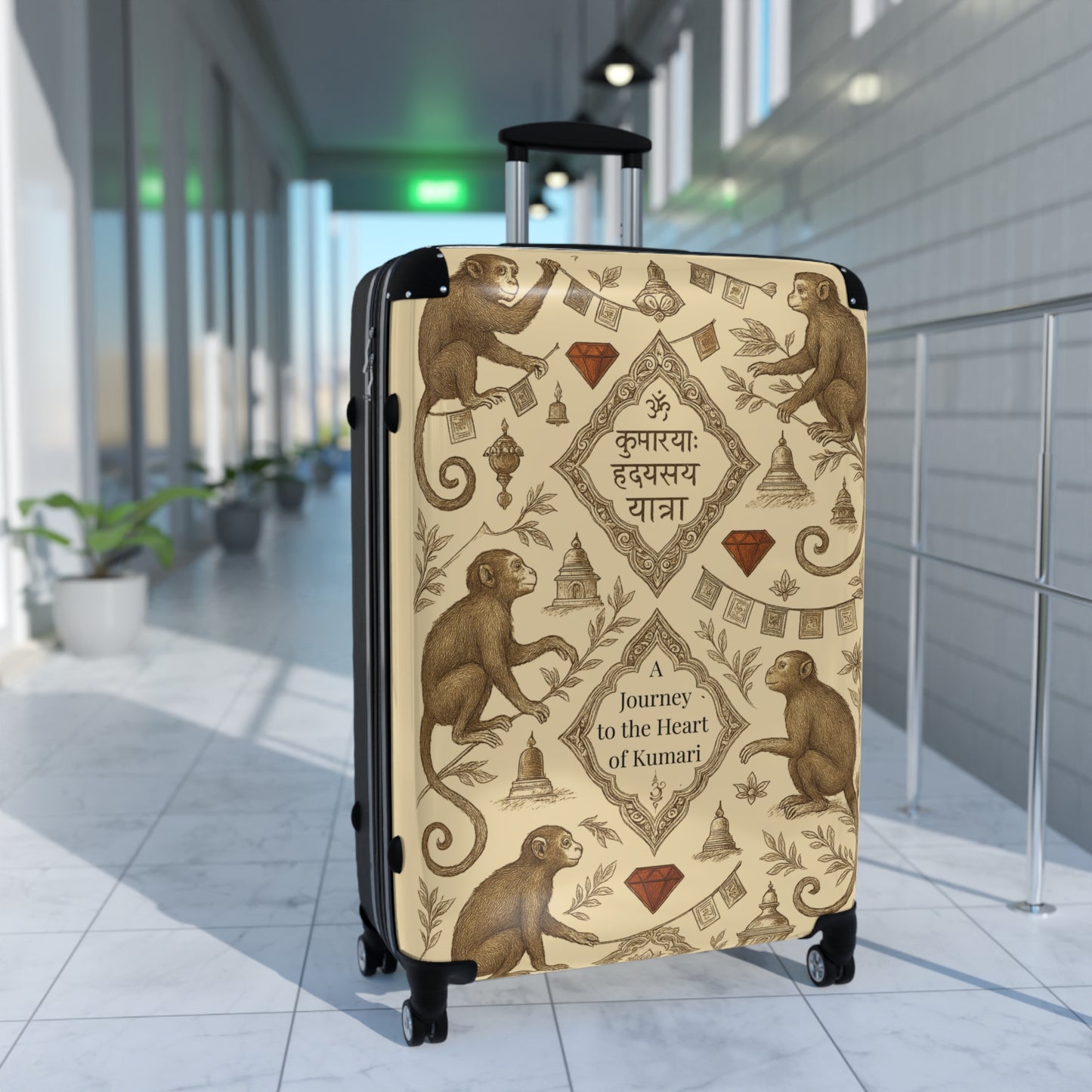 Decorative Travel Suitcase, Personalized Luggage for Adventure Lovers, Unique Gift for Travelers, Monkey Design, Heart of Kumari Journey
