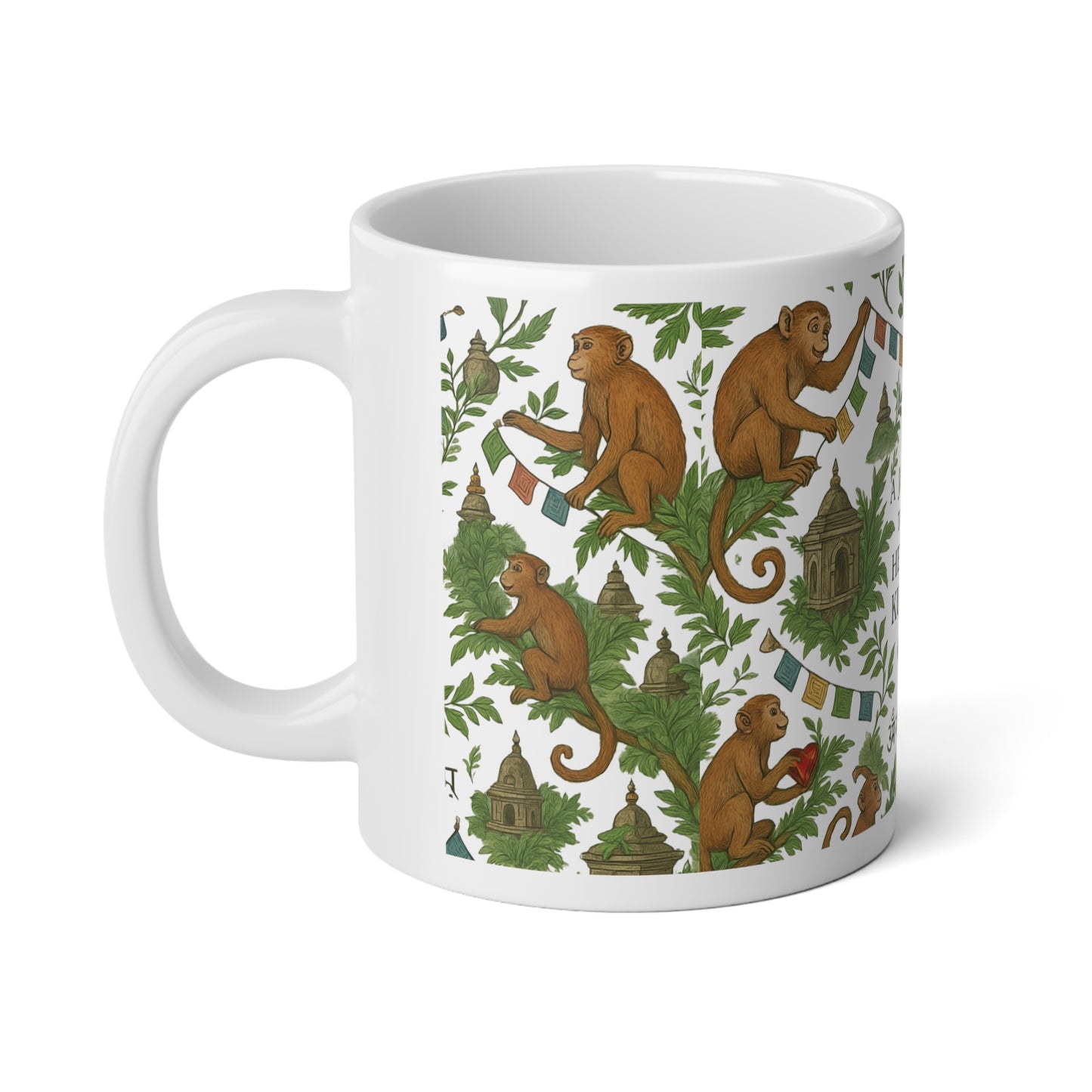 20oz Jumbo Mug — "A Journey to the Heart of Kumari" Spiritual Travel Mug with Monkeys & Prayer Flags