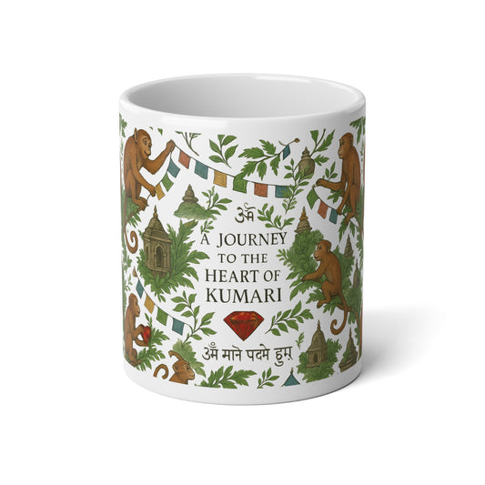 20oz Jumbo Mug — "A Journey to the Heart of Kumari" Spiritual Travel Mug with Monkeys & Prayer Flags