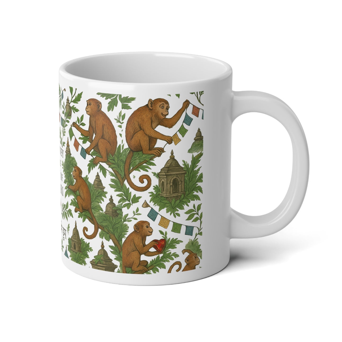 20oz Jumbo Mug — "A Journey to the Heart of Kumari" Spiritual Travel Mug with Monkeys & Prayer Flags