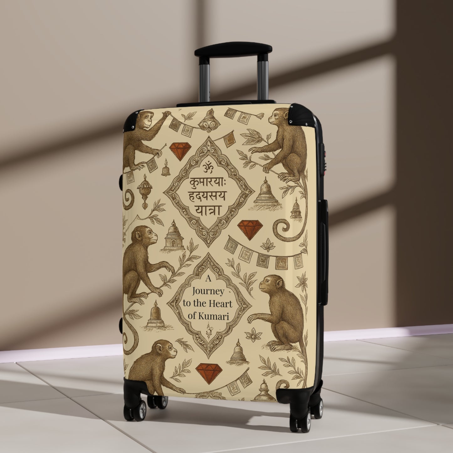 Decorative Travel Suitcase, Personalized Luggage for Adventure Lovers, Unique Gift for Travelers, Monkey Design, Heart of Kumari Journey