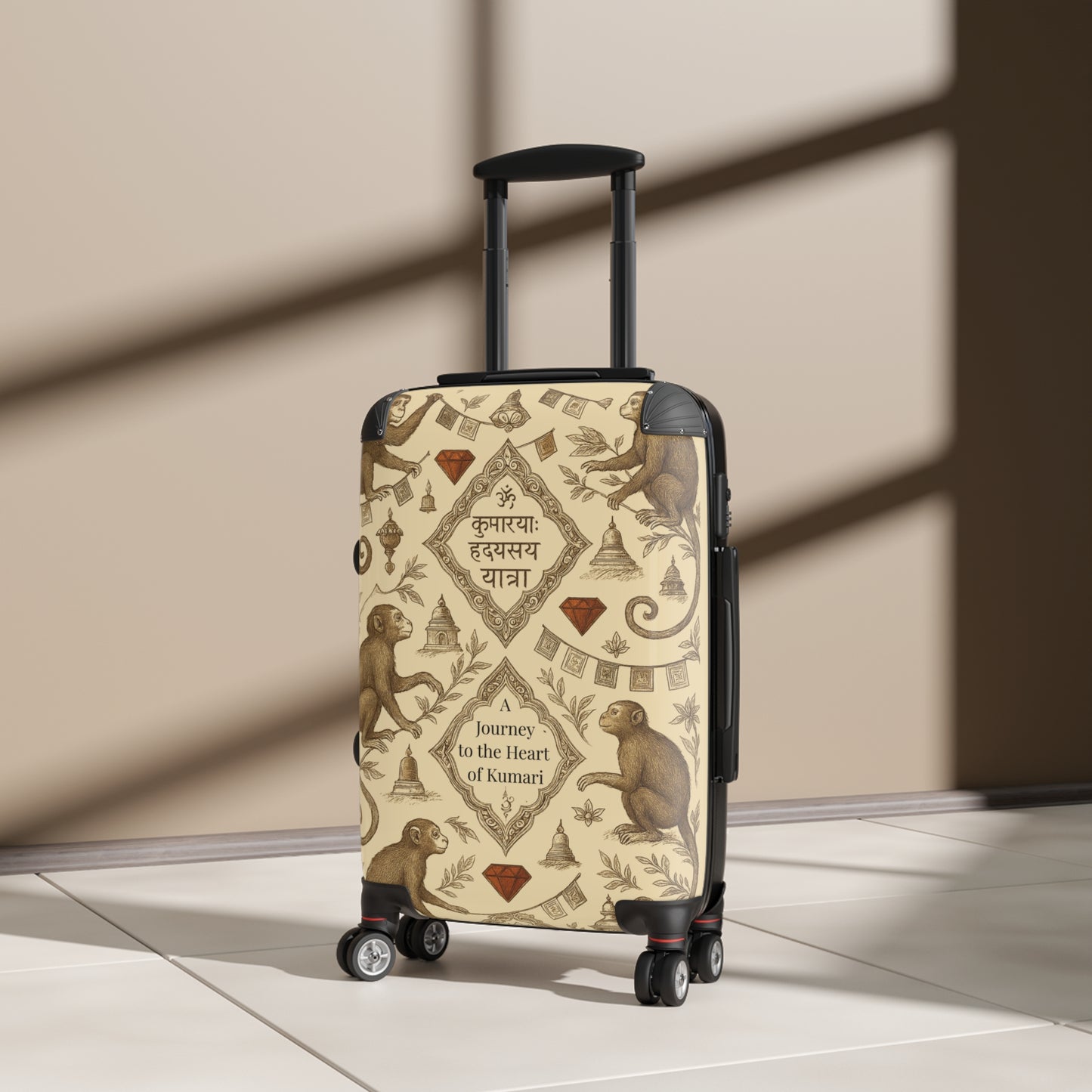 Decorative Travel Suitcase, Personalized Luggage for Adventure Lovers, Unique Gift for Travelers, Monkey Design, Heart of Kumari Journey