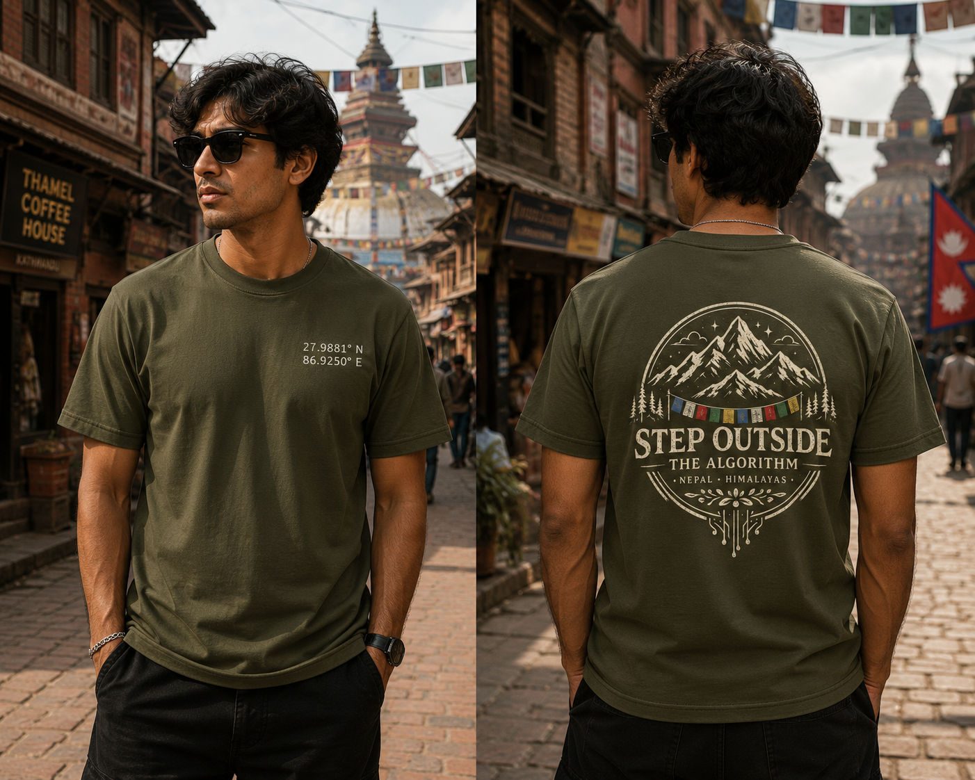 Man wearing a green t-shirt with a mountain design and text in an outdoor setting.