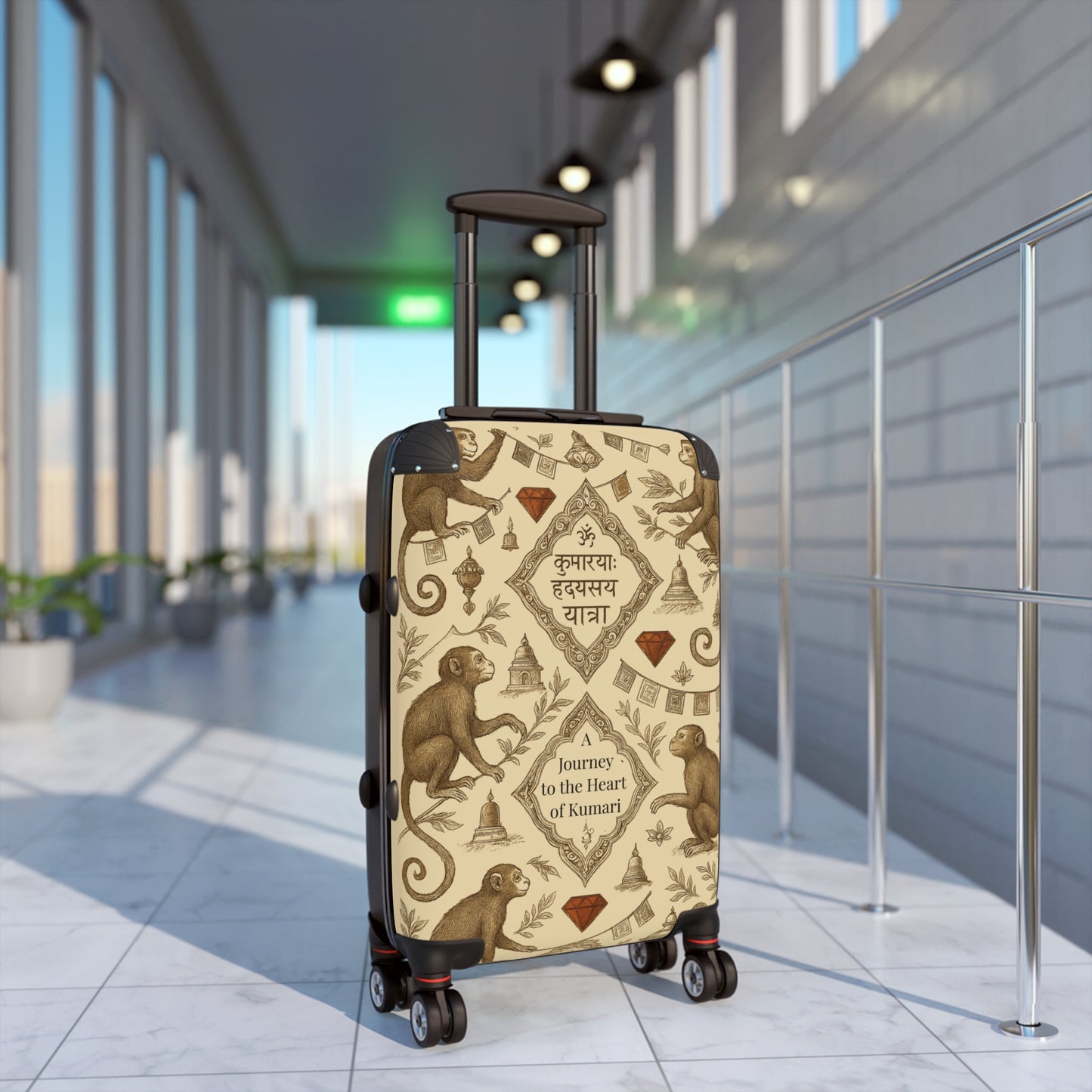 Decorative Travel Suitcase, Personalized Luggage for Adventure Lovers, Unique Gift for Travelers, Monkey Design, Heart of Kumari Journey
