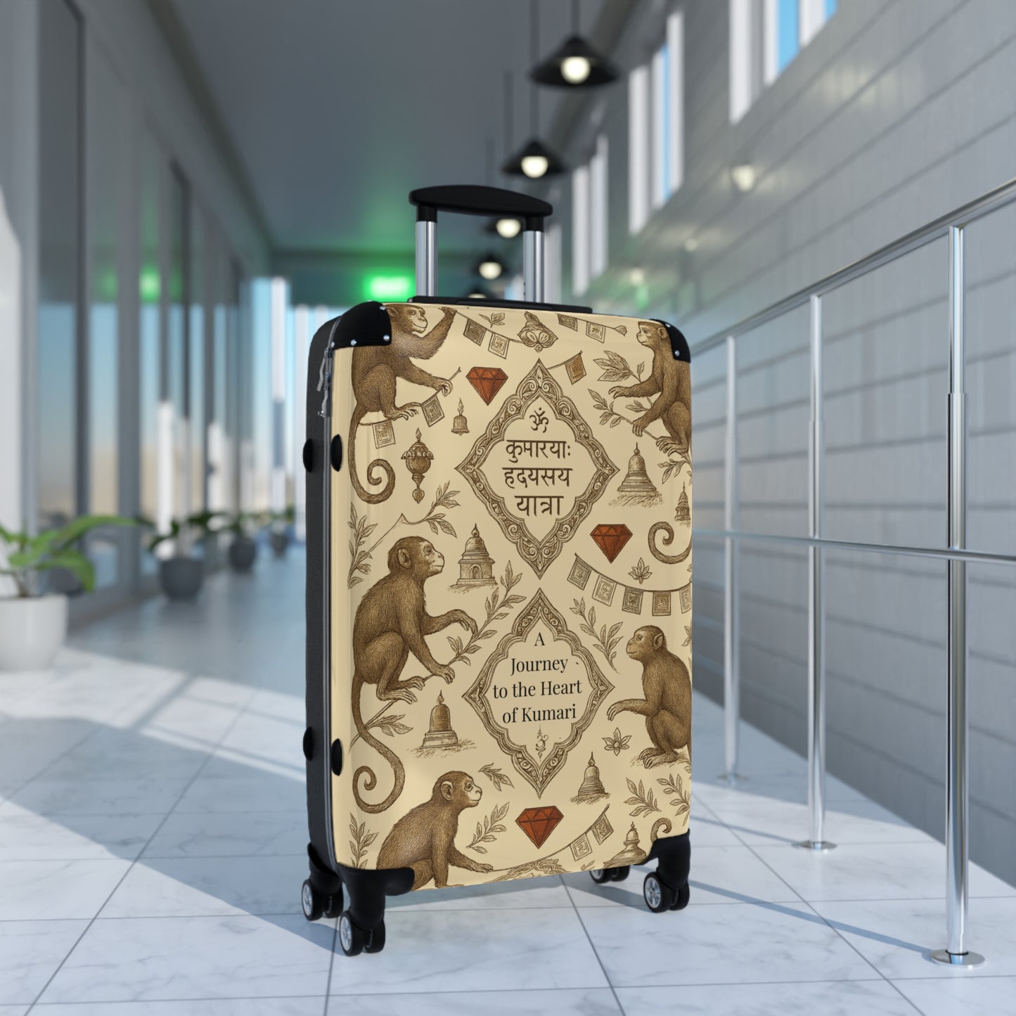 Decorative Travel Suitcase, Personalized Luggage for Adventure Lovers, Unique Gift for Travelers, Monkey Design, Heart of Kumari Journey