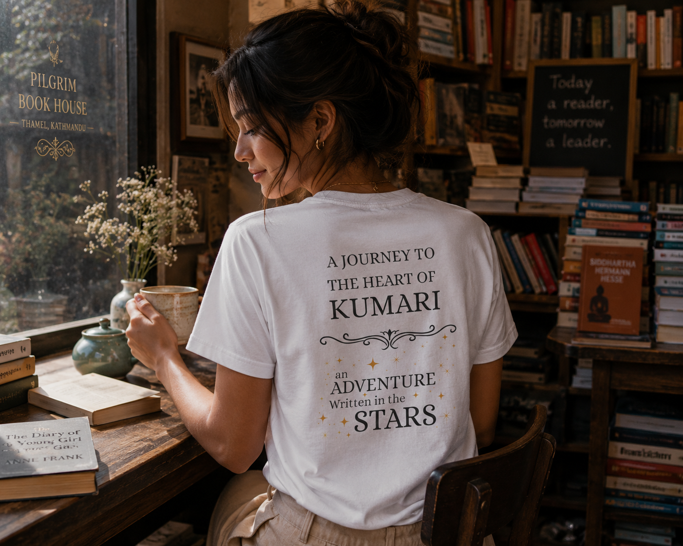 Person wearing a t-shirt with text in a bookstore