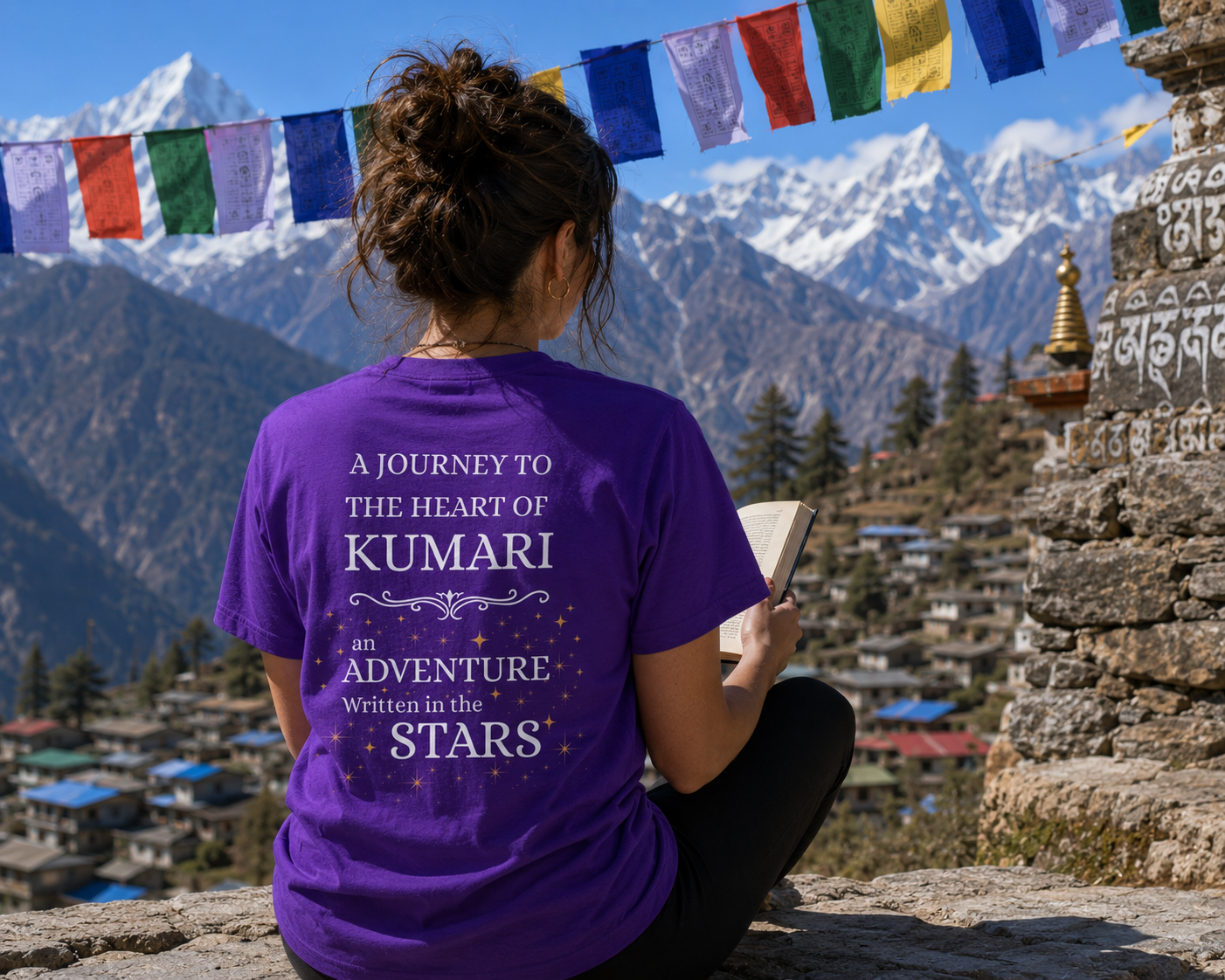 Person wearing a purple t-shirt with text, sitting on a stone wall with mountains and prayer flags in the background.