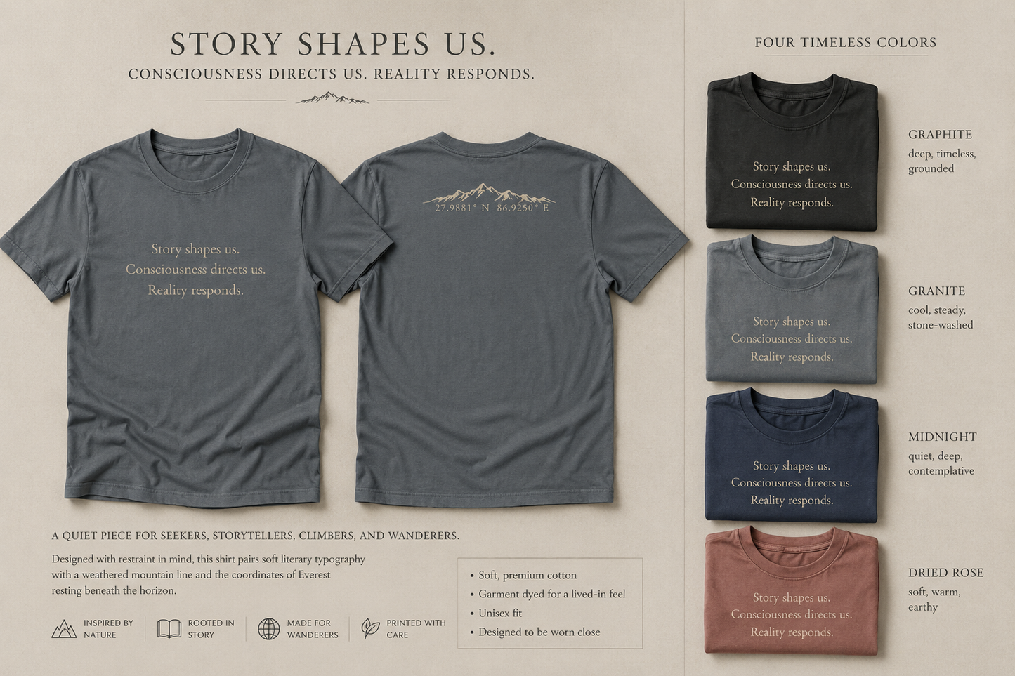 Story Shapes Us Tee — Vintage Literary Mountain Shirt