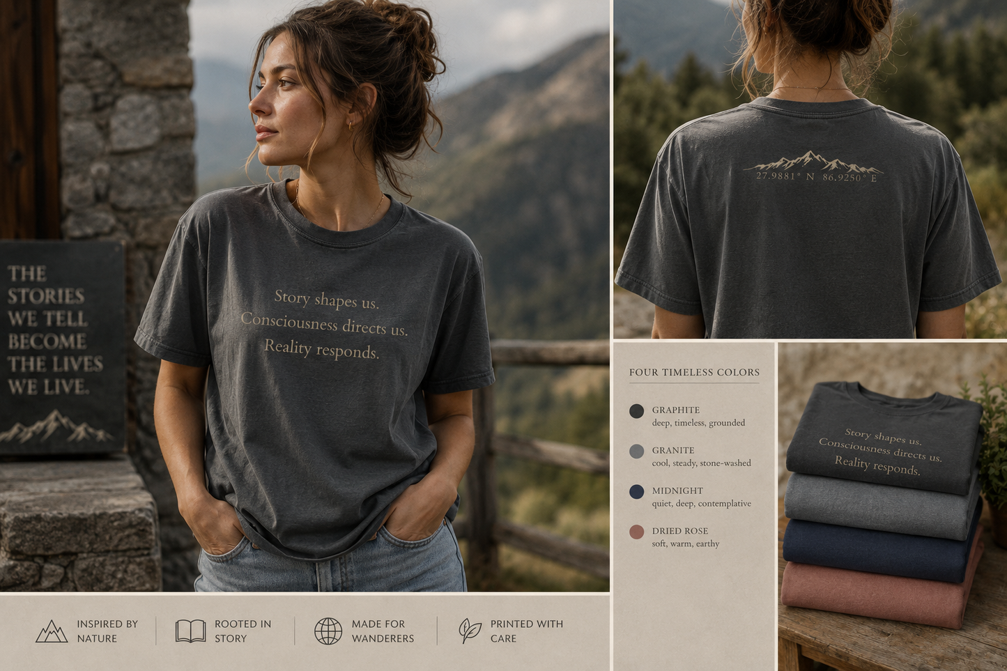 Story Shapes Us Tee — Vintage Literary Mountain Shirt