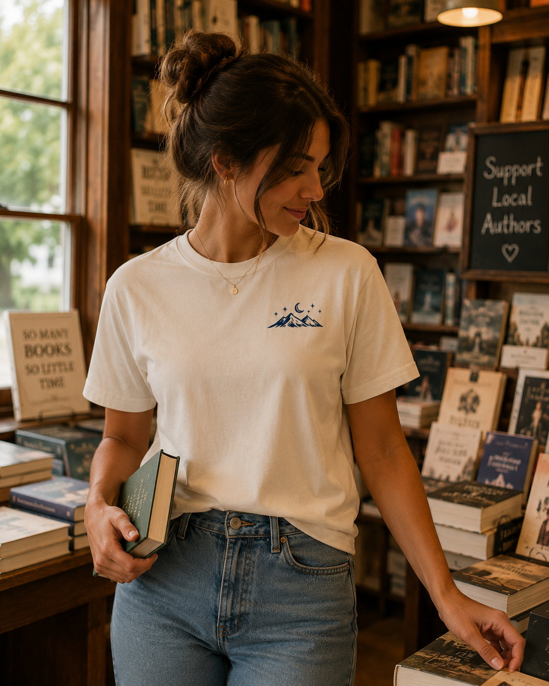 Somewhere Between Books and Mountains Tee