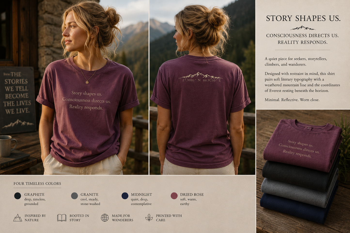 Story Shapes Us Tee — Vintage Literary Mountain Shirt