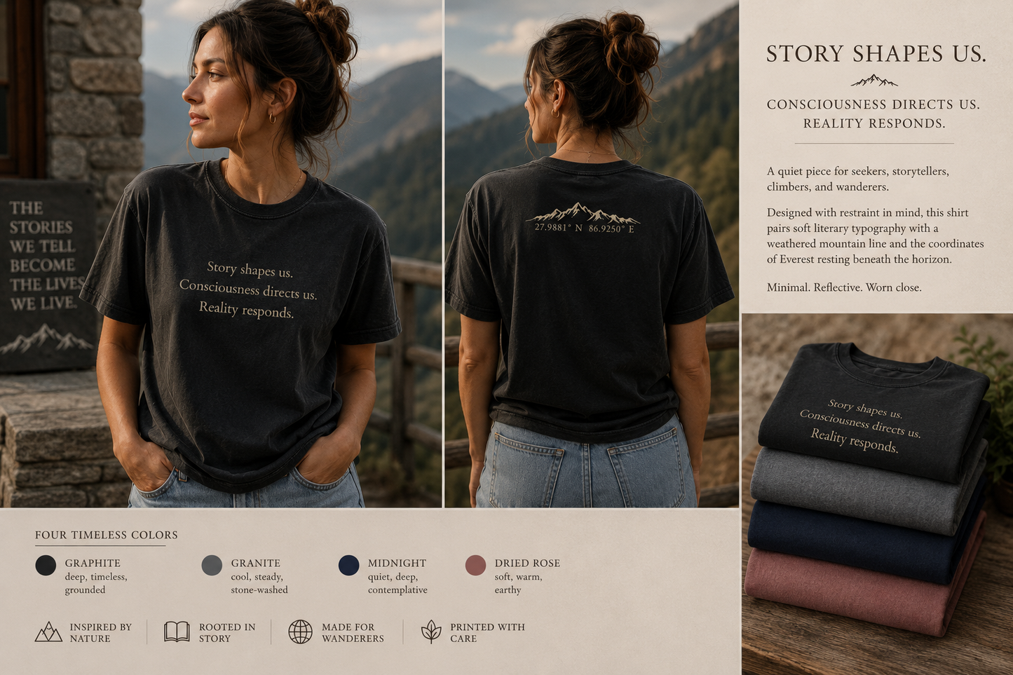 Story Shapes Us Tee — Vintage Literary Mountain Shirt