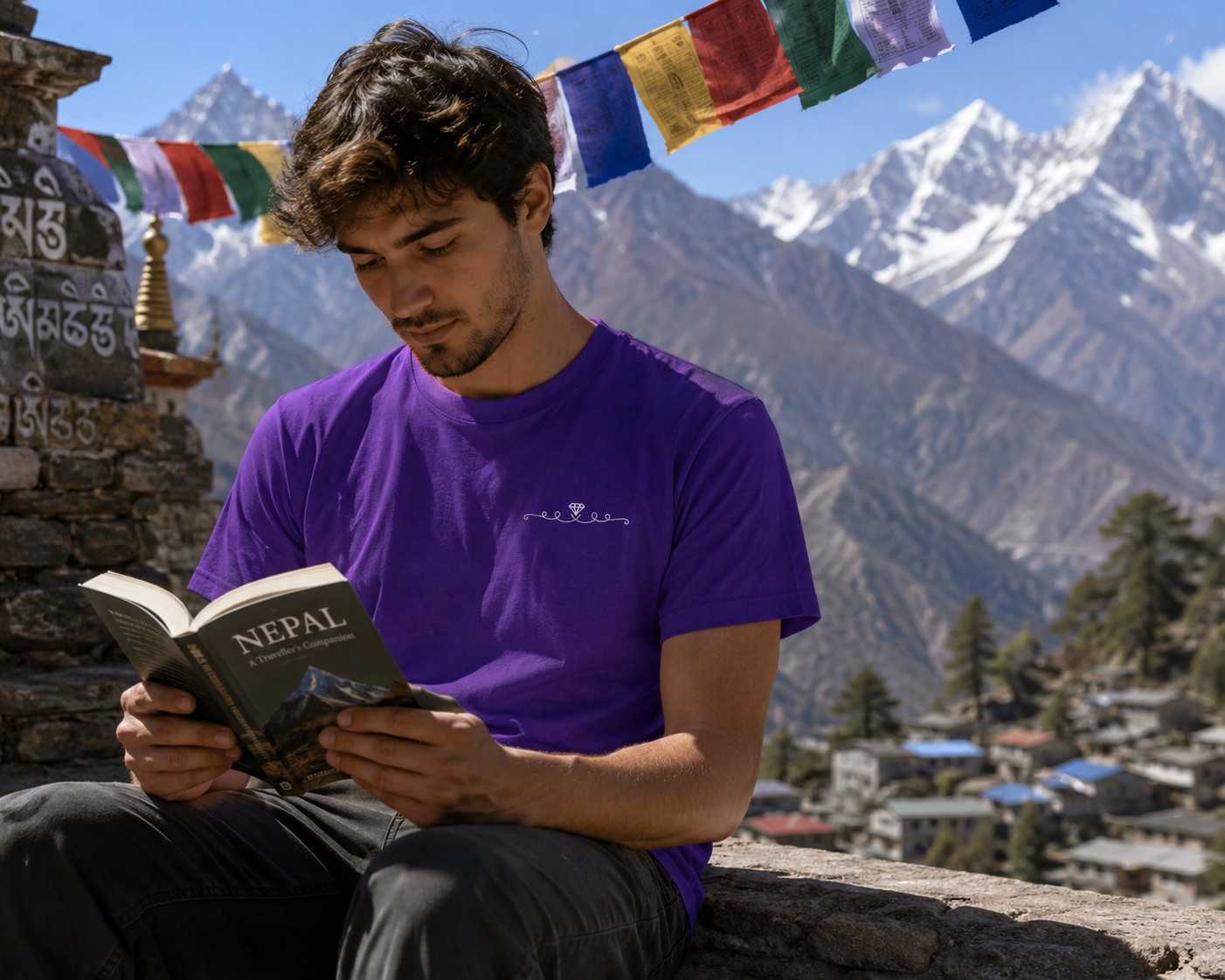 Man wearing a purple Kumari Heart® minimalist graphic T-shirt while reading a Nepal travel book in a Himalayan mountain village with prayer flags and snow-covered peaks in the background.