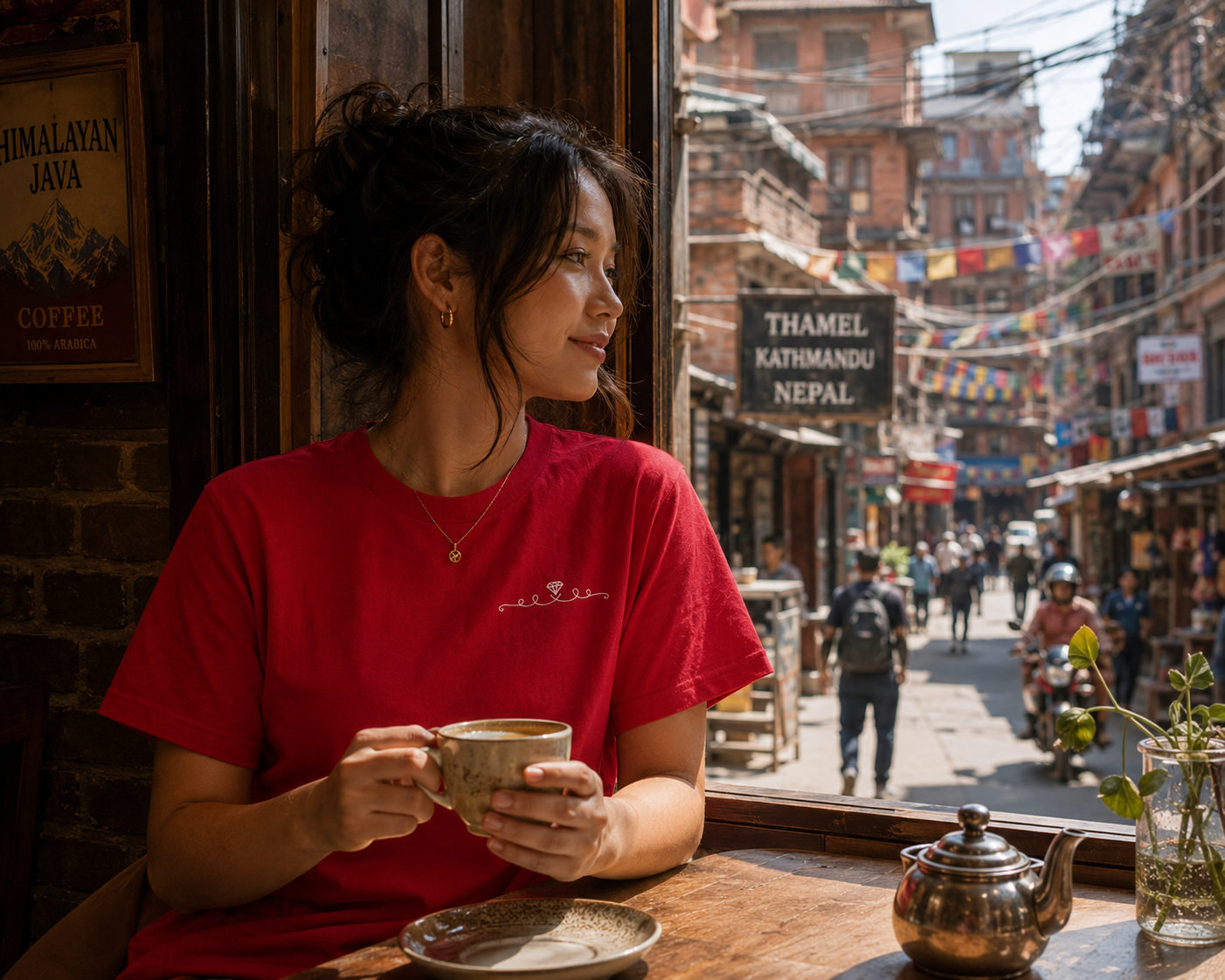 Woman in a red shirt holding a cup of coffee in a street scene with shops and people.