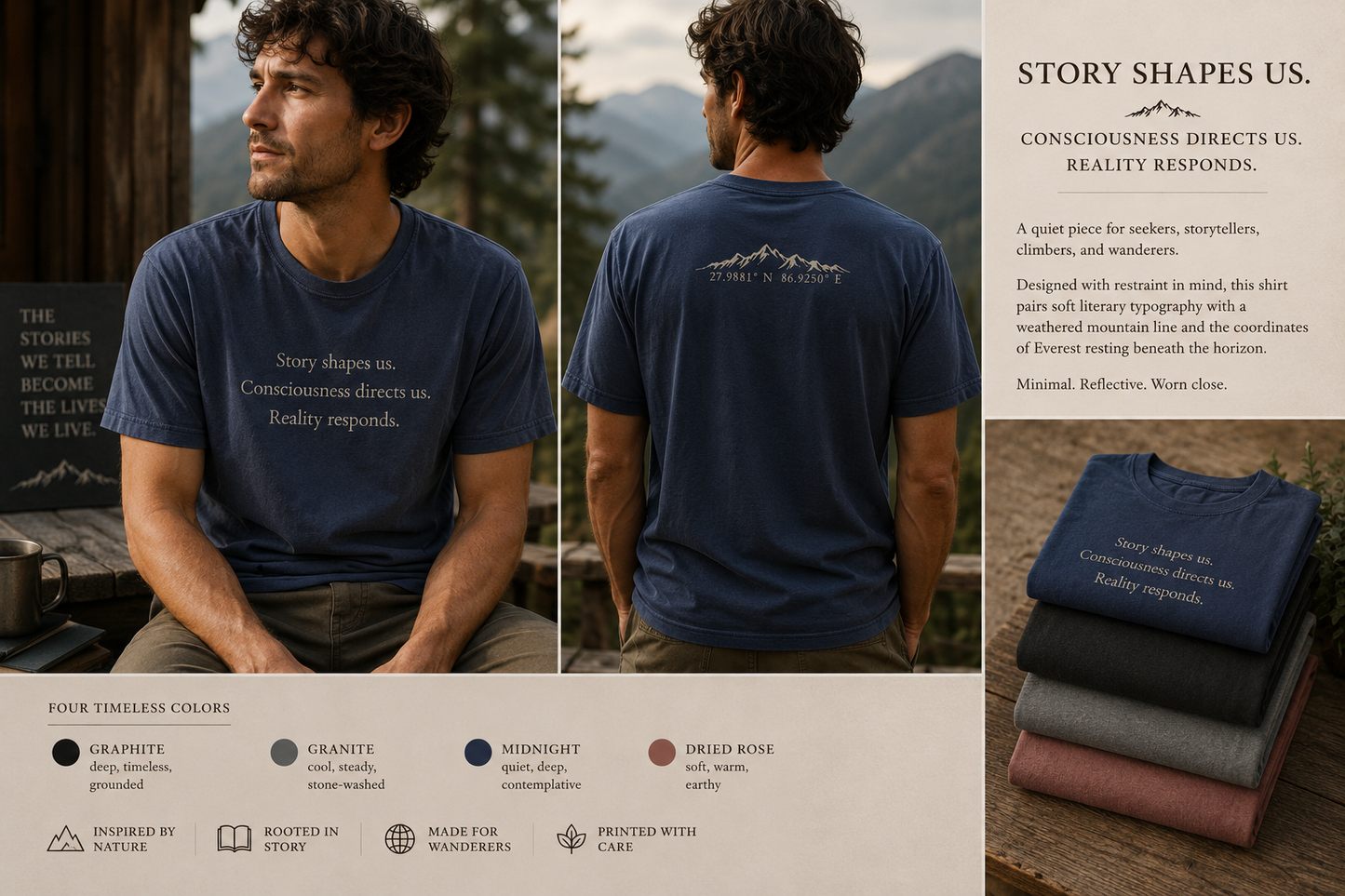 Story Shapes Us Tee — Vintage Literary Mountain Shirt